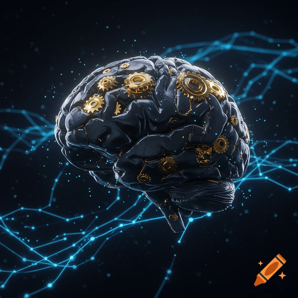 A dark, stylized brain with golden gears embedded, surrounded by glowing blue neural network lines on a dark background.