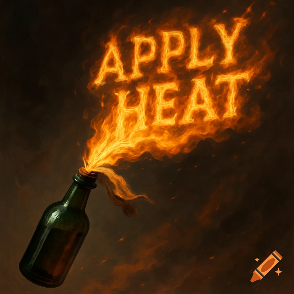 A stylized illustration of a molotov cocktail in mid-air with orange flames spelling 'APPLY HEAT' rising from its bottle.