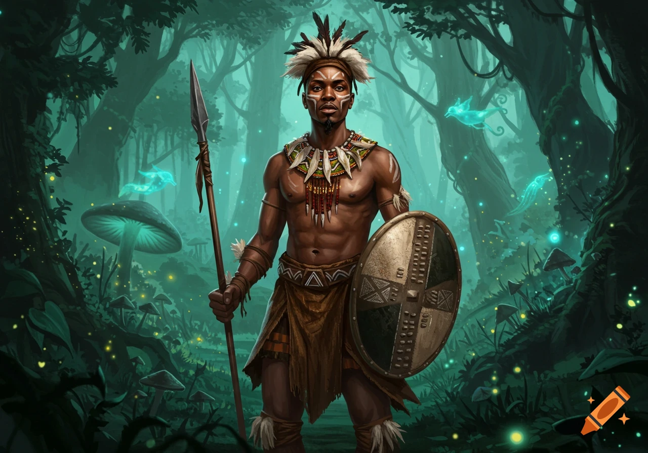 An illustrated Zulu warrior with a spear and shield stands in a magical glowing forest with large mushrooms and floating spirits.