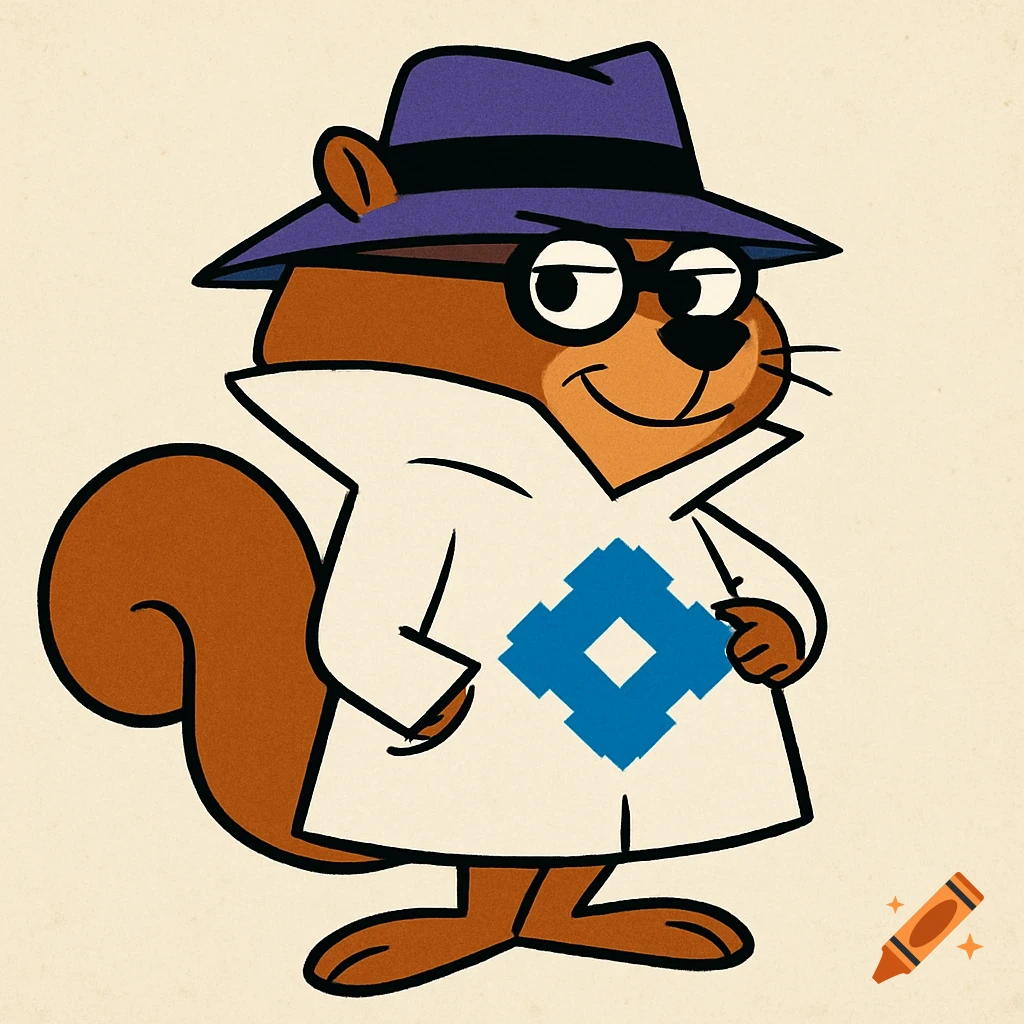 A brown cartoon squirrel in a purple fedora and white trench coat with a blue geometric logo.