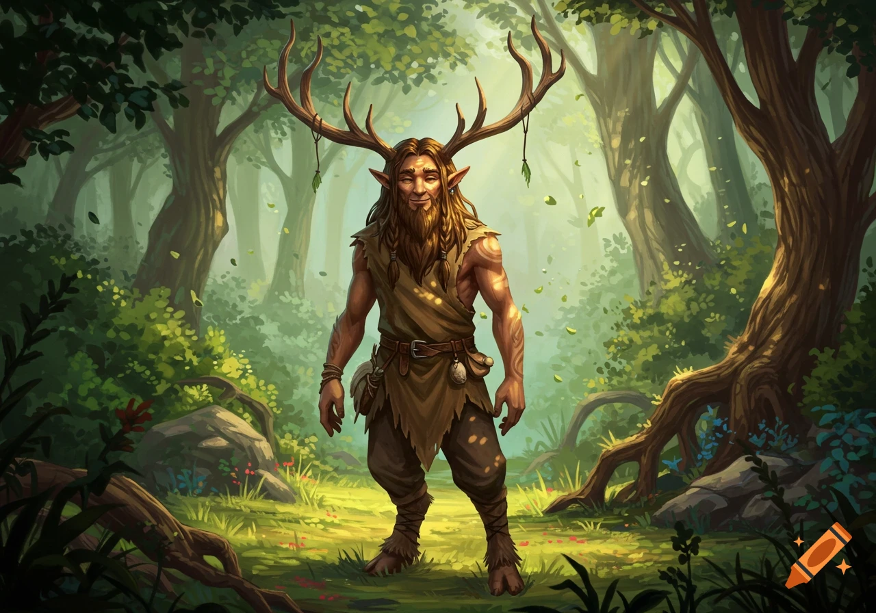 A bearded male firbolg with antlers stands in a vibrant, misty fantasy forest, depicted in a detailed illustration.