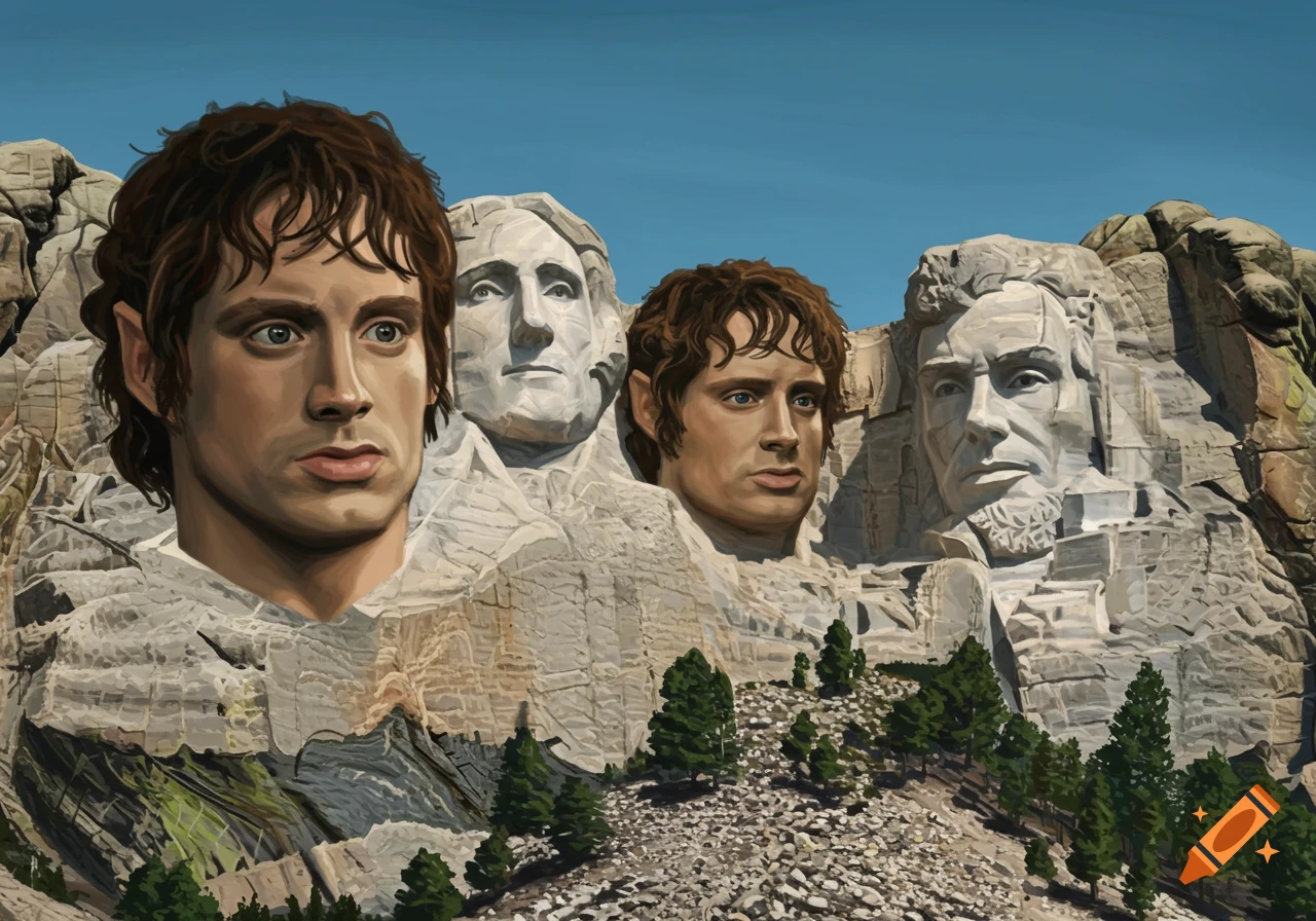 Mount Rushmore with faces of Frodo, Samwise, Gandalf, and Aragorn carved into the rock, under a blue sky, in a painted style.