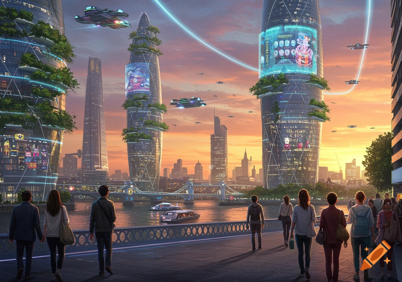A futuristic city at sunset with towering green-covered buildings, flying vehicles, and people walking by a river.