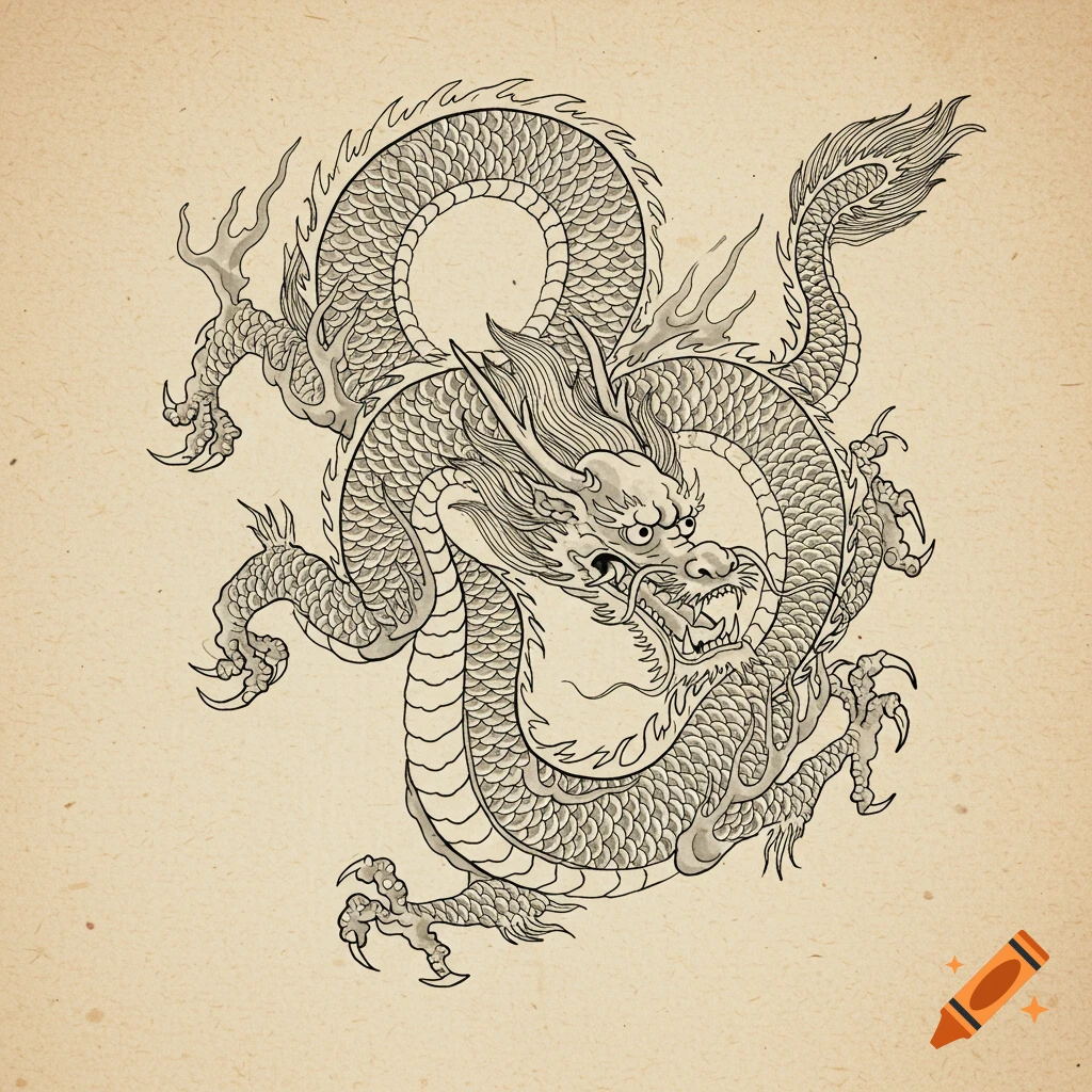 Detailed ink drawing of a Chinese dragon on aged paper.