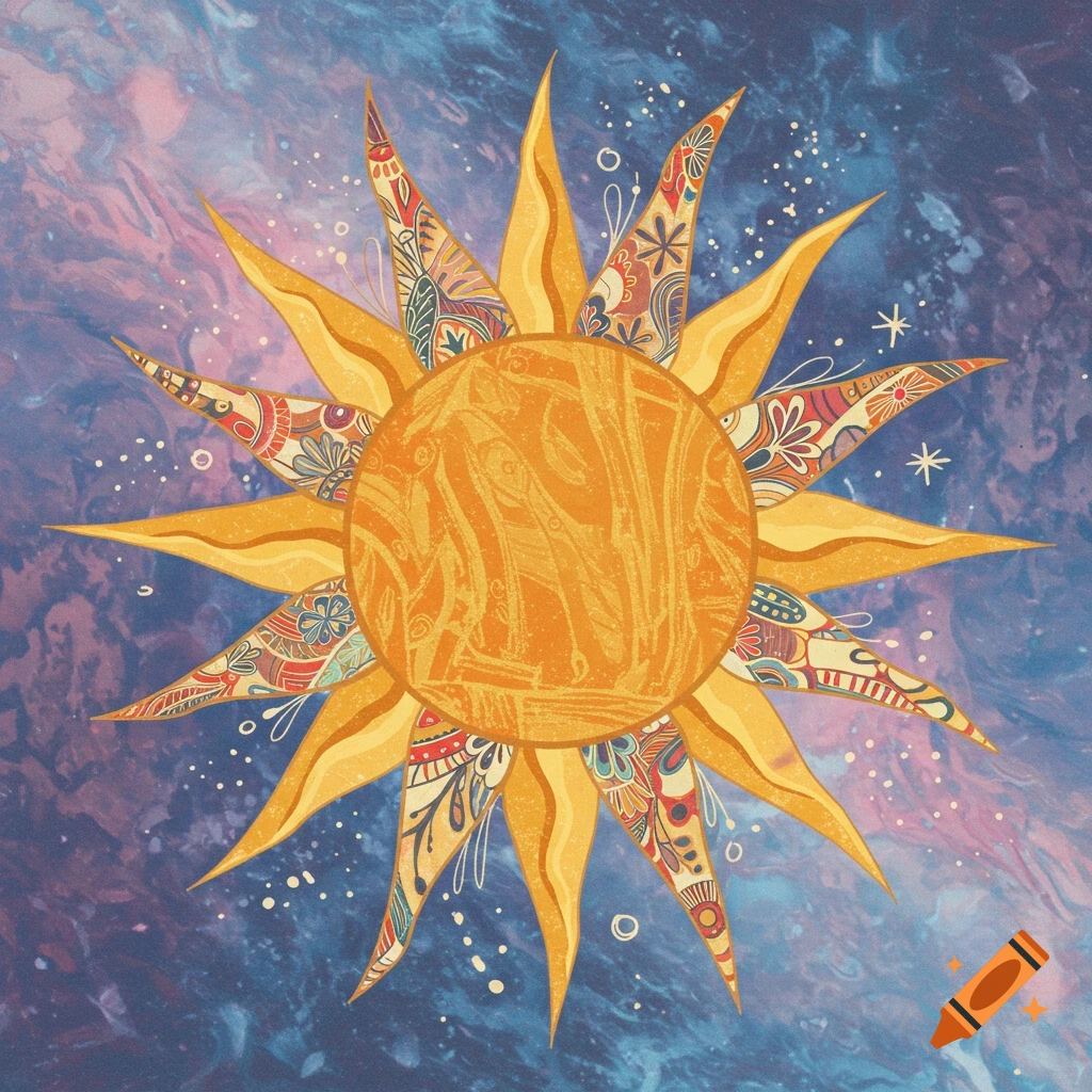 Stylized boho sun with intricate patterns on its rays against a vibrant blue and purple abstract background.