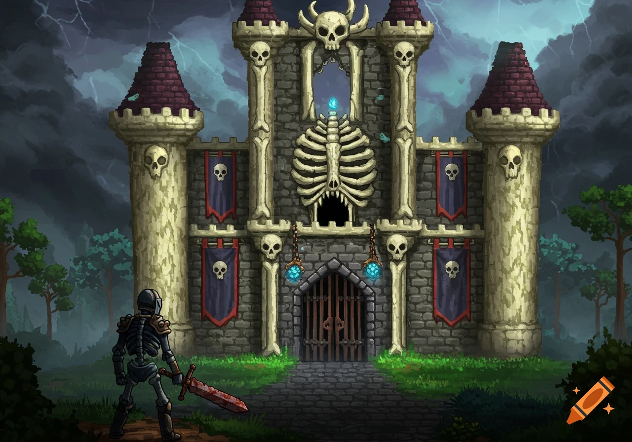 A skeleton knight holding a bloody sword stands before a menacing bone castle under a stormy, lightning-filled sky in a pixel art style.