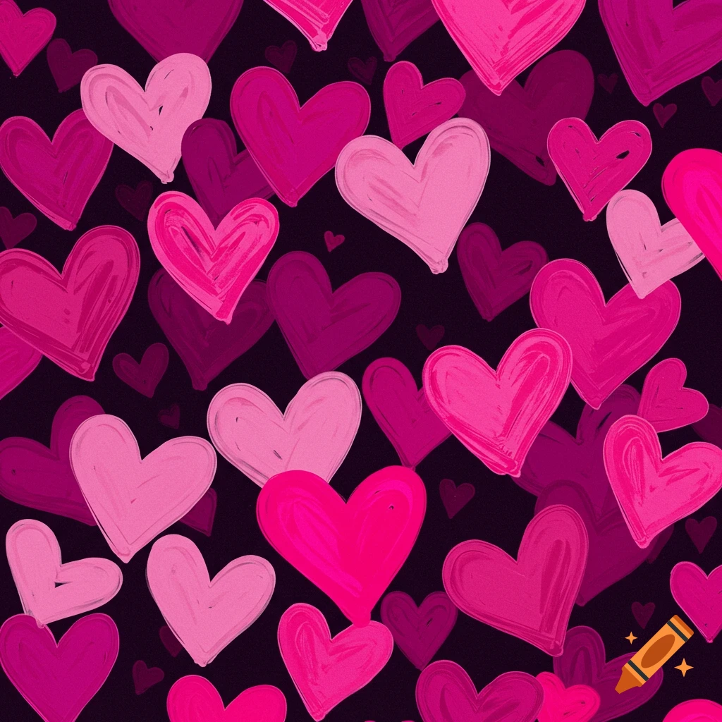 A seamless pattern of various shades of pink and magenta hearts with a hand-drawn look on a dark background.