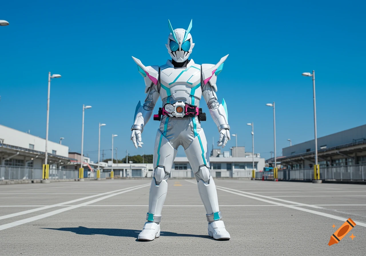 A photorealistic superhero in a white, light blue, and pink armored suit stands in a sunny outdoor parking lot.