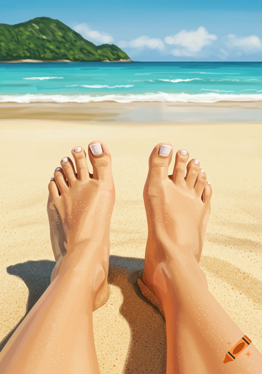 A pair of feet with white painted toenails resting on a sandy beach, facing the clear blue ocean and a green island under a sunny sky in a digital painting.