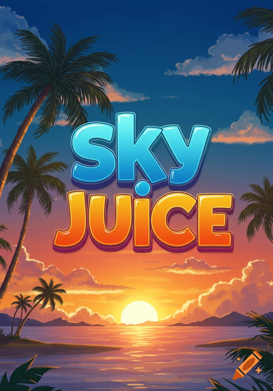Stylized illustration of a tropical sunset with palm trees and the words Sky Juice.