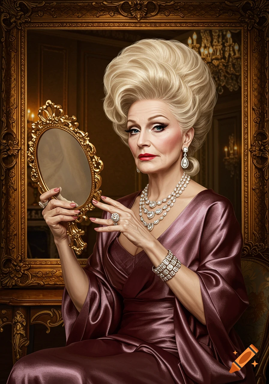 Elegant older woman with blonde updo, wearing a satin gown and lavish jewelry, holding an ornate gold mirror in a luxurious room.