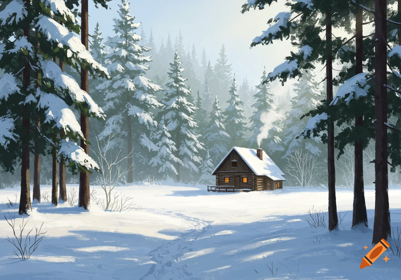 A cozy wooden cabin sits in a snowy forest with smoke rising from the chimney.