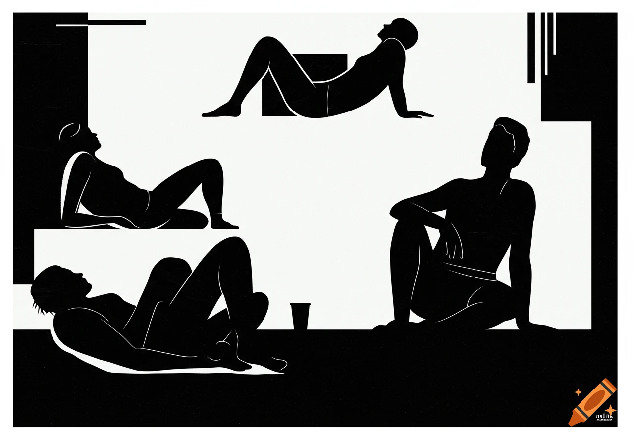 Minimalist black and white art with three relaxing human silhouettes among geometric shapes.