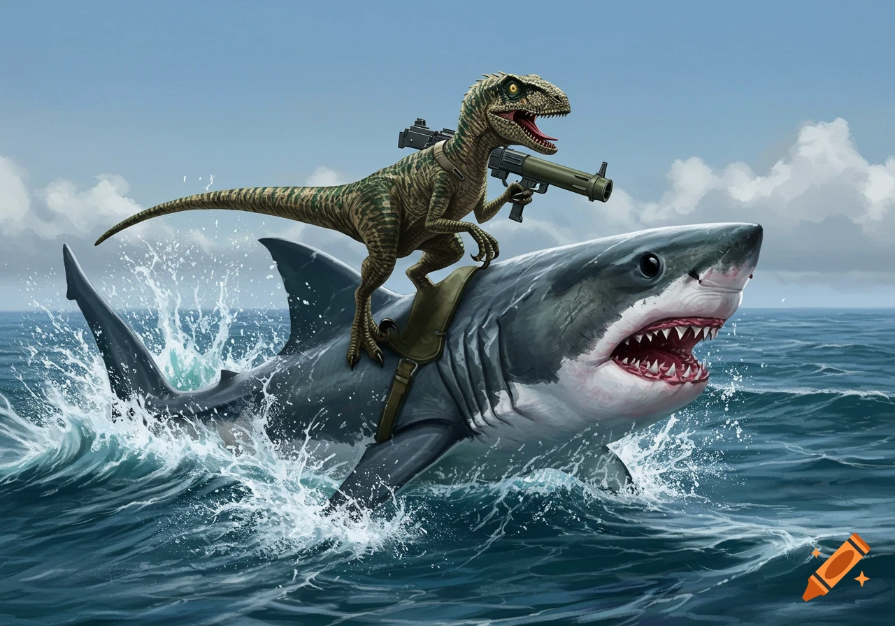 A velociraptor with an RPG launcher rides a great white shark breaching the ocean surface.