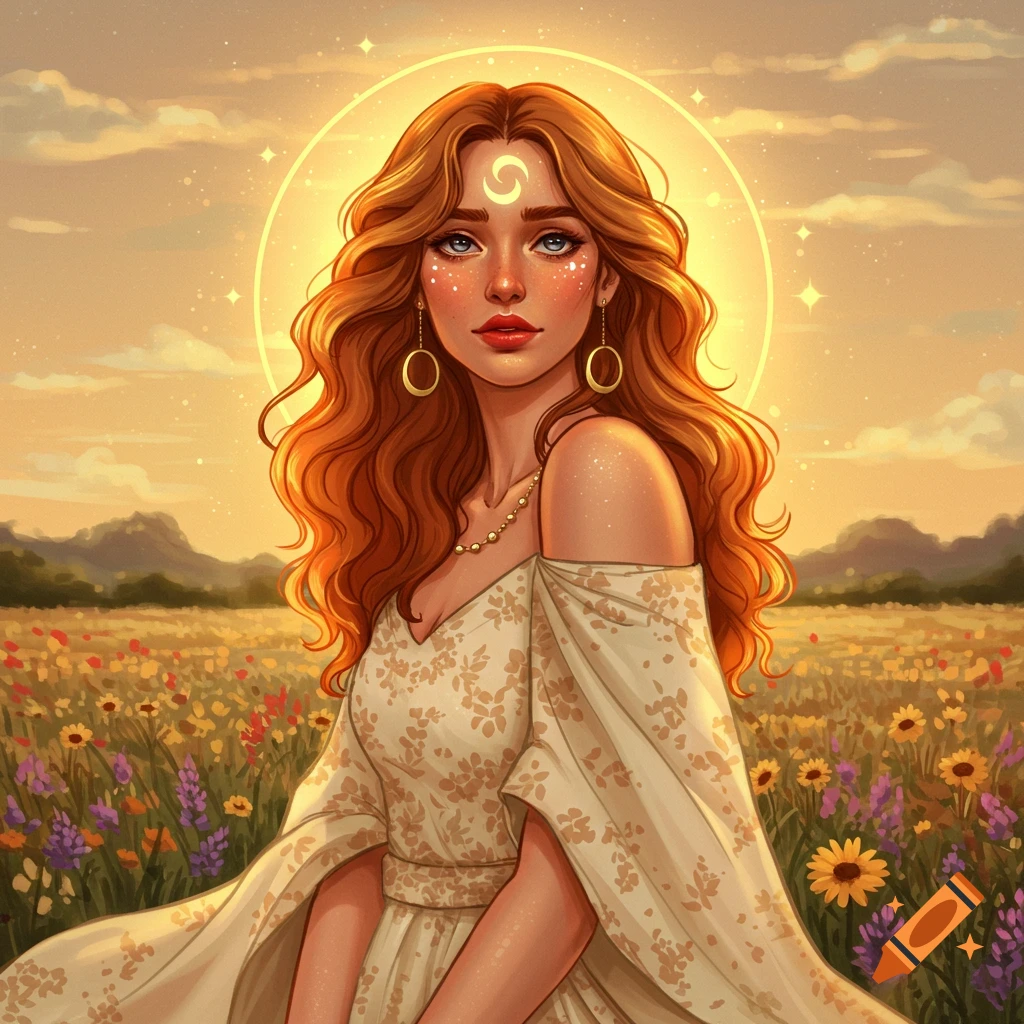 A stylized illustration of a woman with long red hair and a glowing halo, standing in a vibrant field of flowers at sunset.