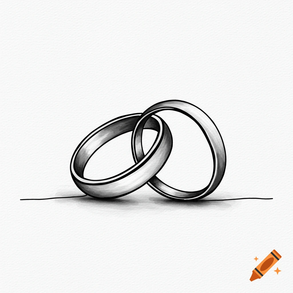 Black and white sketch of two interlocking wedding rings on a white background with a faint horizontal line.