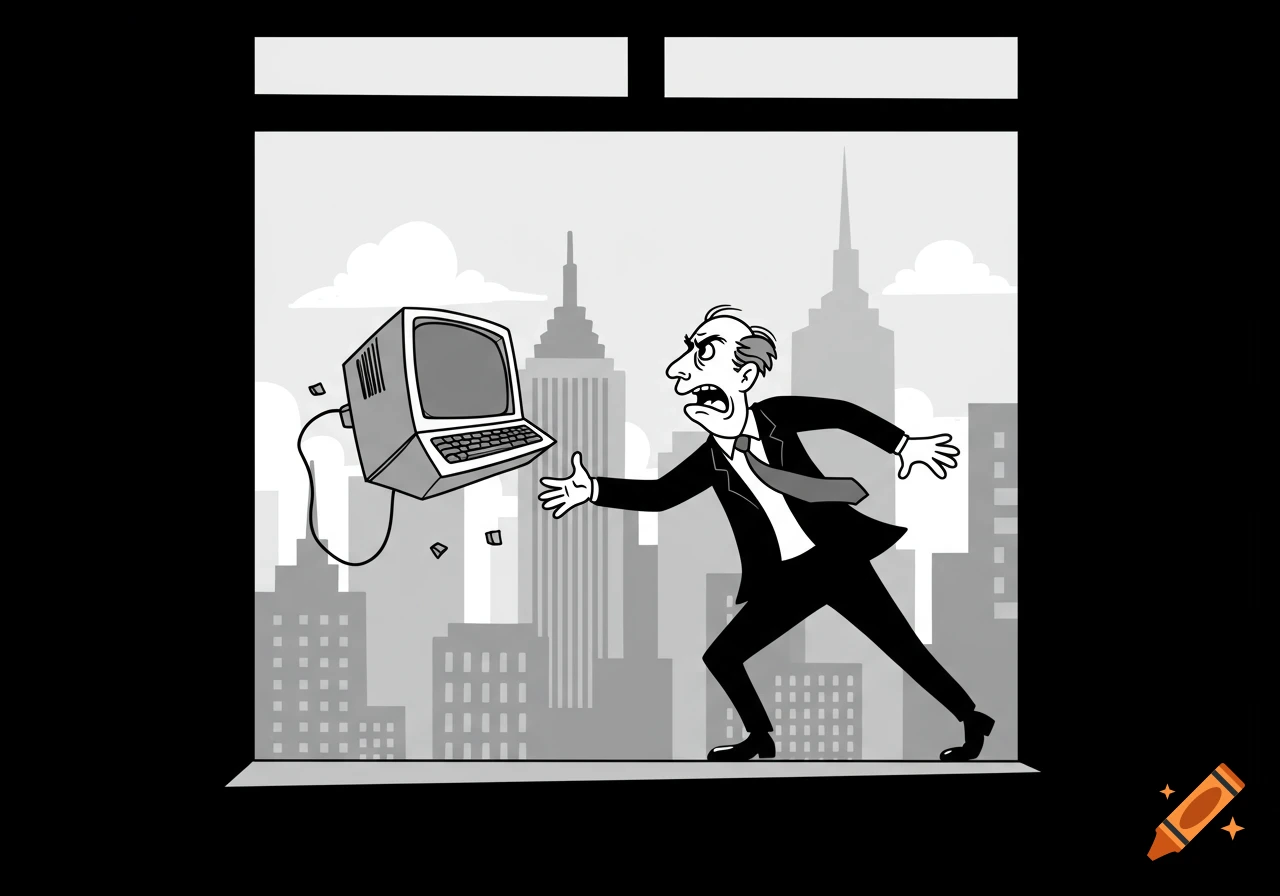 A black and white cartoon man in a suit throws a computer out of an office window overlooking a cityscape.