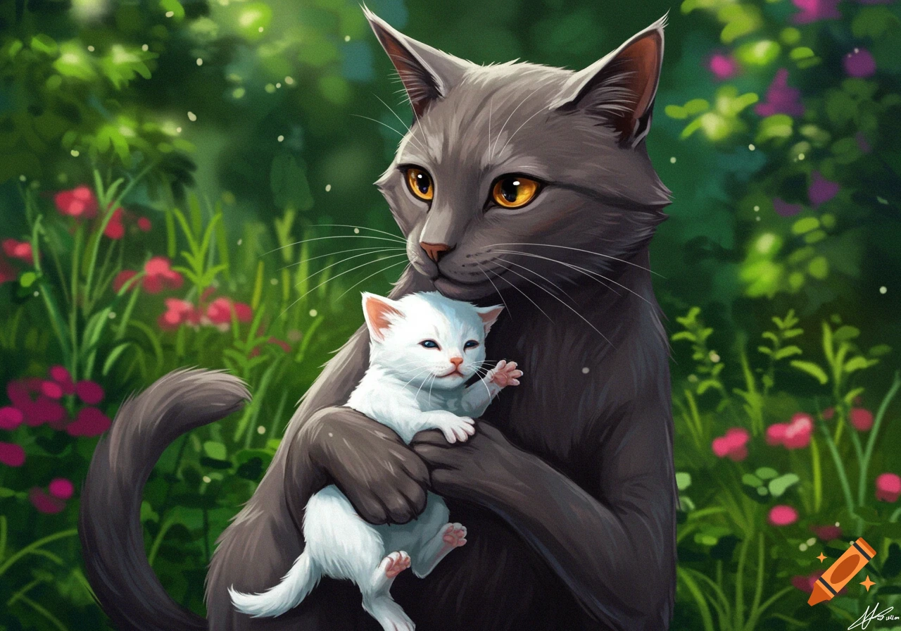 An illustrated gray cat holds a small white kitten in a green, flowery forest.