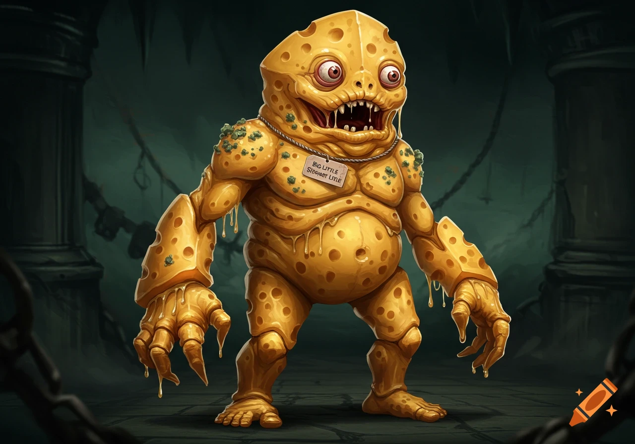 A grotesque, yellow cheese monster with red eyes, sharp teeth, and green mold stands in a dark dungeon. A tag reads 'BIG LITTLE STEWART LITTLE'.