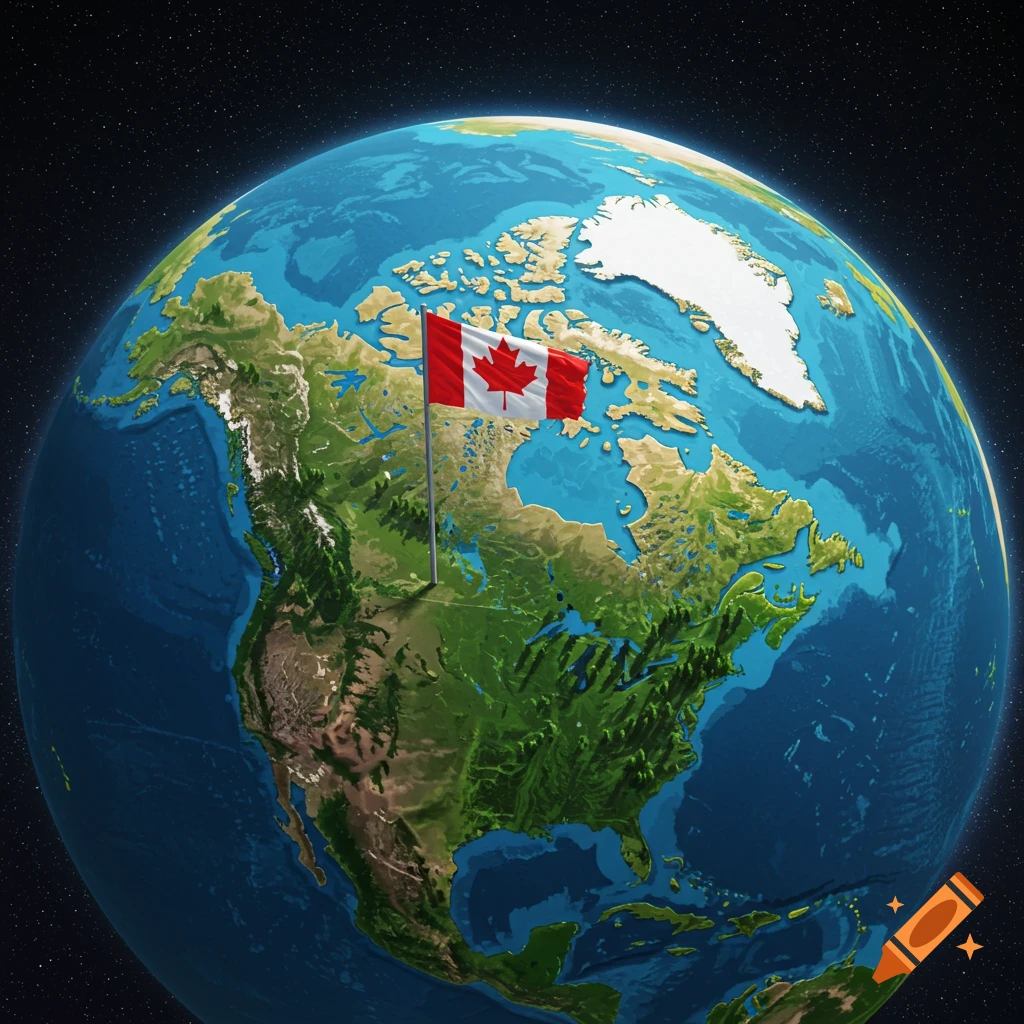 A 3D rendering of planet Earth with a Canadian flag planted upright in the center of Canada against a starry space background.