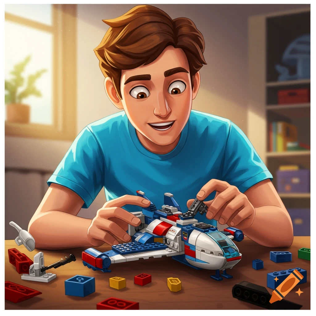 A happy young man in a blue shirt building a colorful toy spaceship out of building blocks on a wooden table, with more blocks scattered around. Illustrated style.