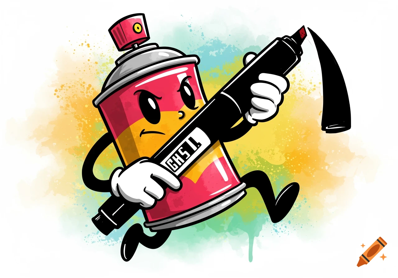 Cartoon spray paint can character with a face and gloves, holding a black marker, on a colorful paint splatter background.
