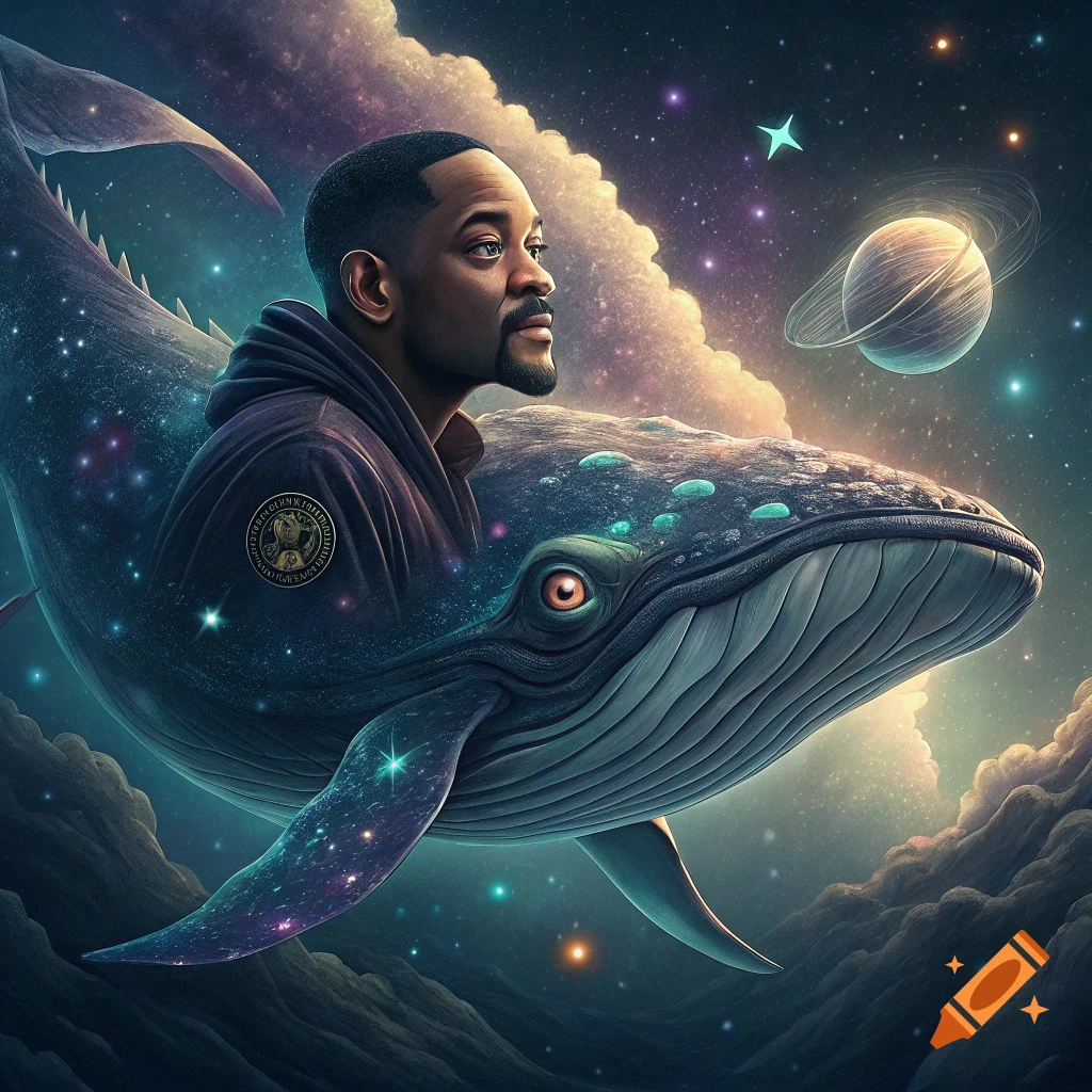 Will Smith as a space whale, floating among stars, planets, and cosmic clouds in a fantastical scene.