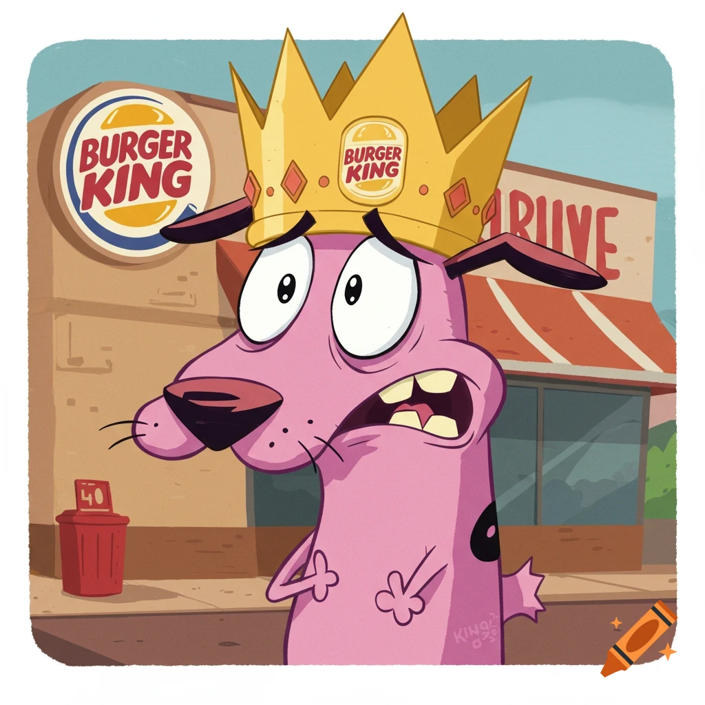Courage the Cowardly Dog, a pink cartoon dog, wearing a Burger King crown, stands in front of a Burger King restaurant in a cartoon style.