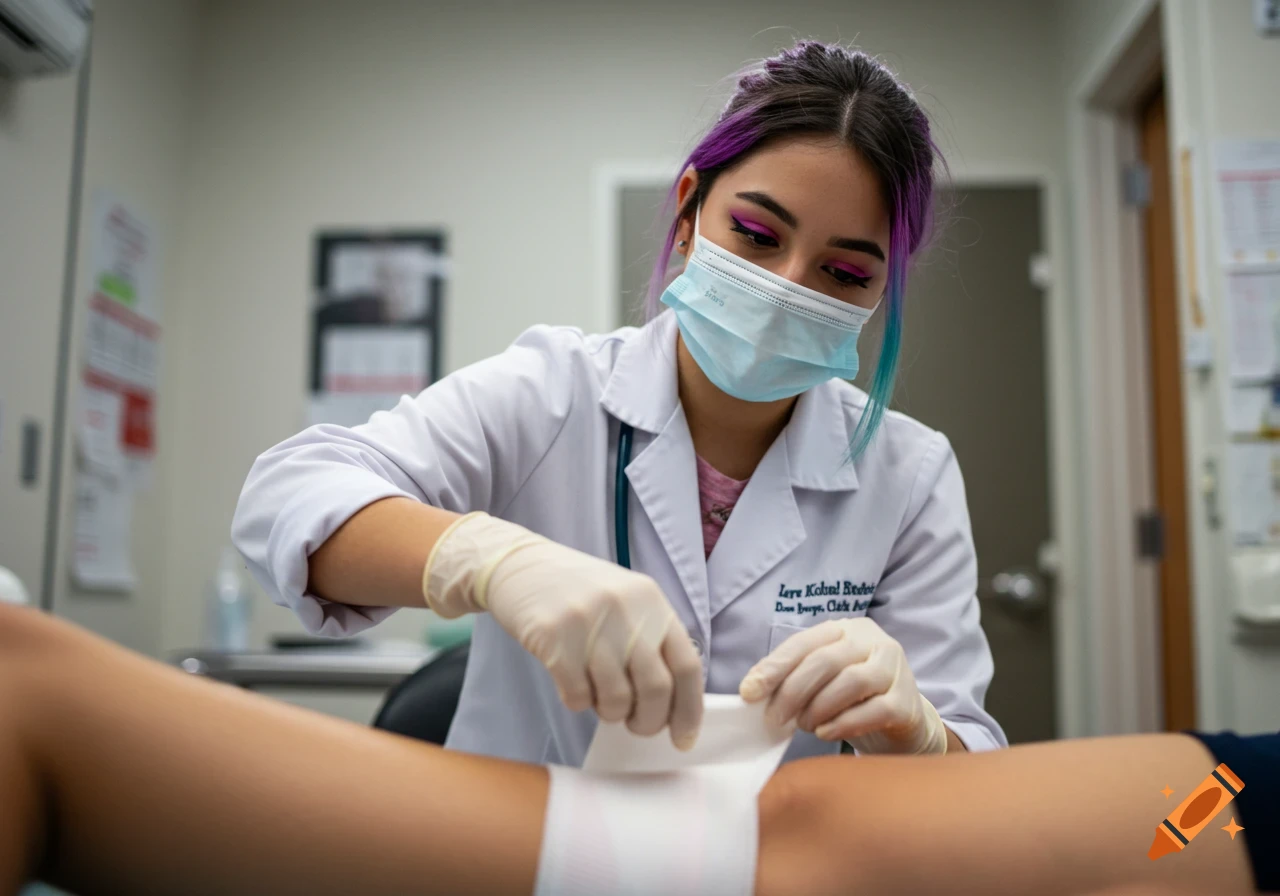 A medical professional with purple and blue hair wearing a mask and gloves bandages a patient's leg.