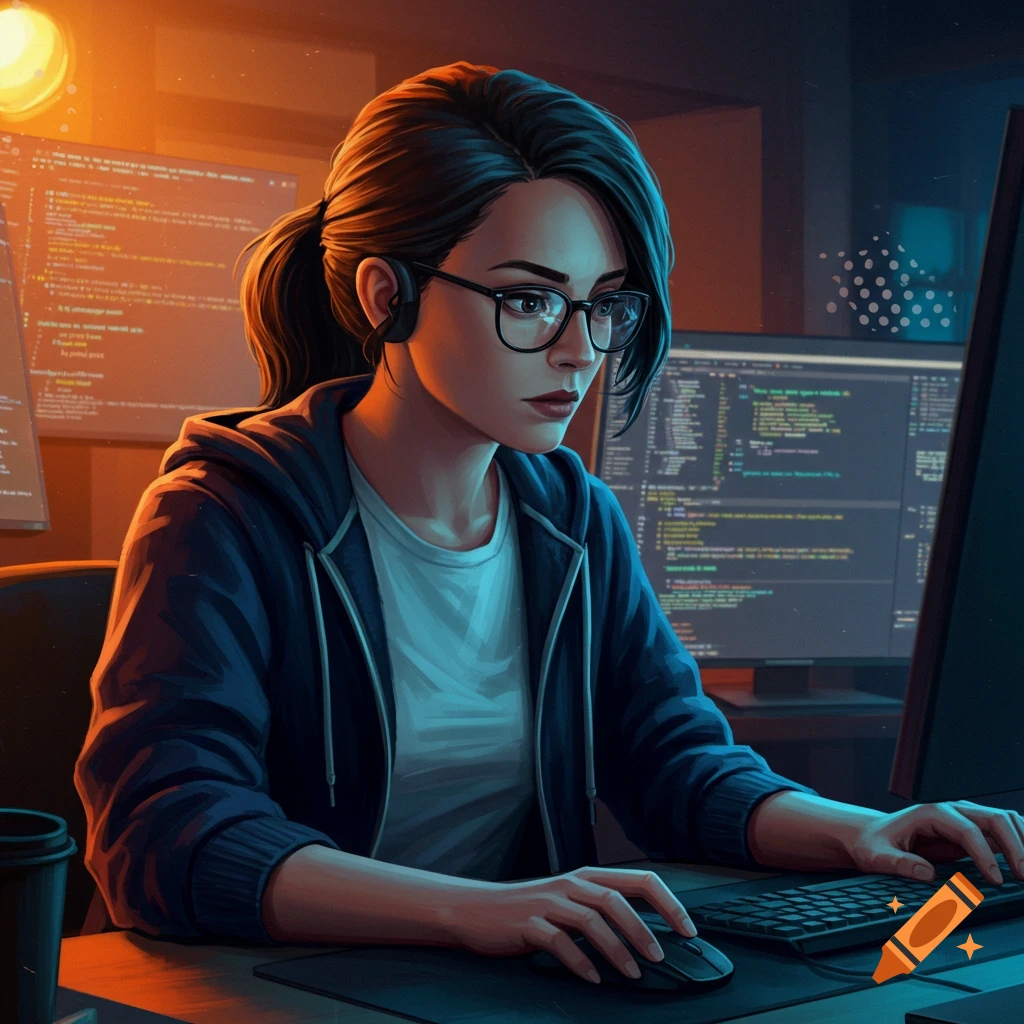 A digital art illustration of a woman wearing glasses and a hoodie, working on a computer in a dark room with multiple glowing code screens.