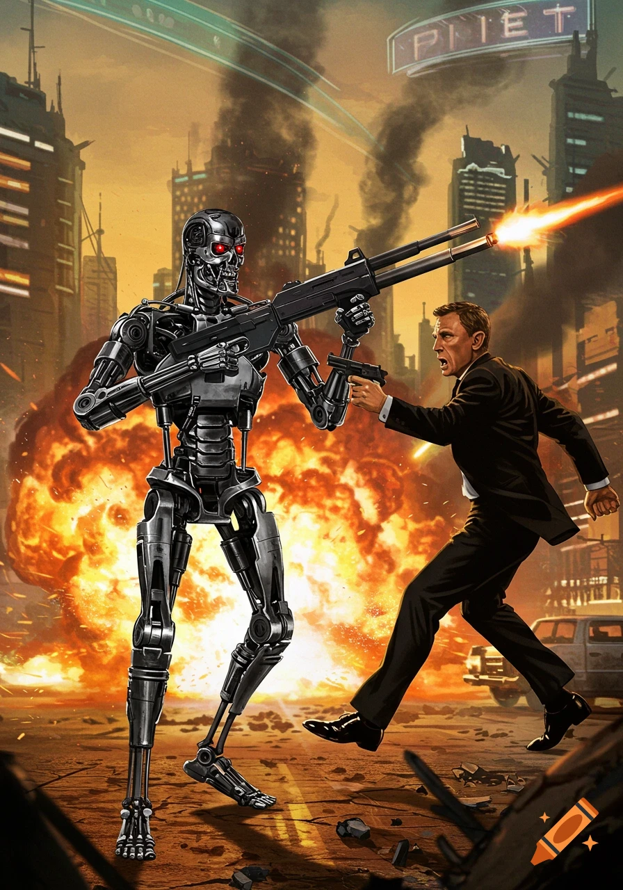 A robot and a man in a suit battle in a burning futuristic city with explosions. The robot fires a large gun, and the man reacts with a pistol.