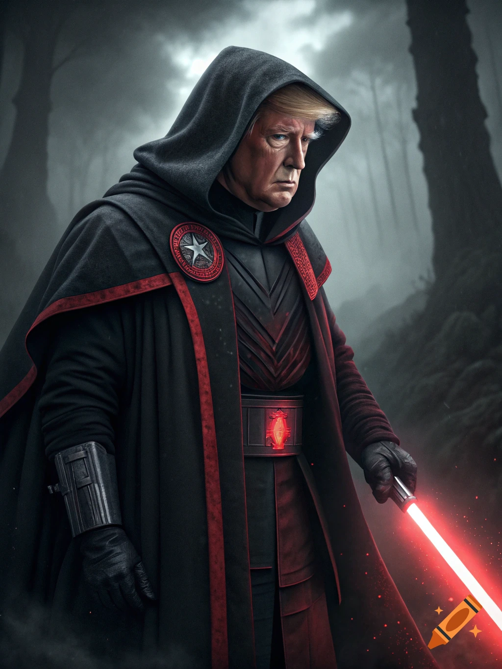Photorealistic depiction of Donald Trump as a Sith Lord in a dark hooded robe holding a red lightsaber in a shadowy forest.