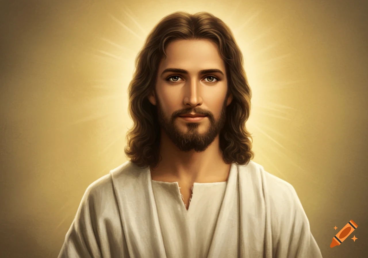 A radiant portrait of Jesus with long brown hair, a beard, and a white robe, against a golden glowing background.