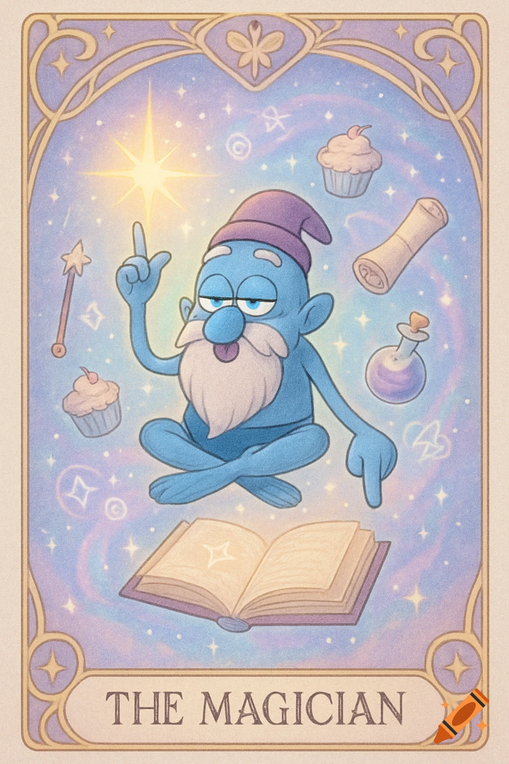 A cartoon blue Smurf-like magician sits cross-legged on a tarot card, surrounded by magic symbols and objects, against a pastel cosmic background.
