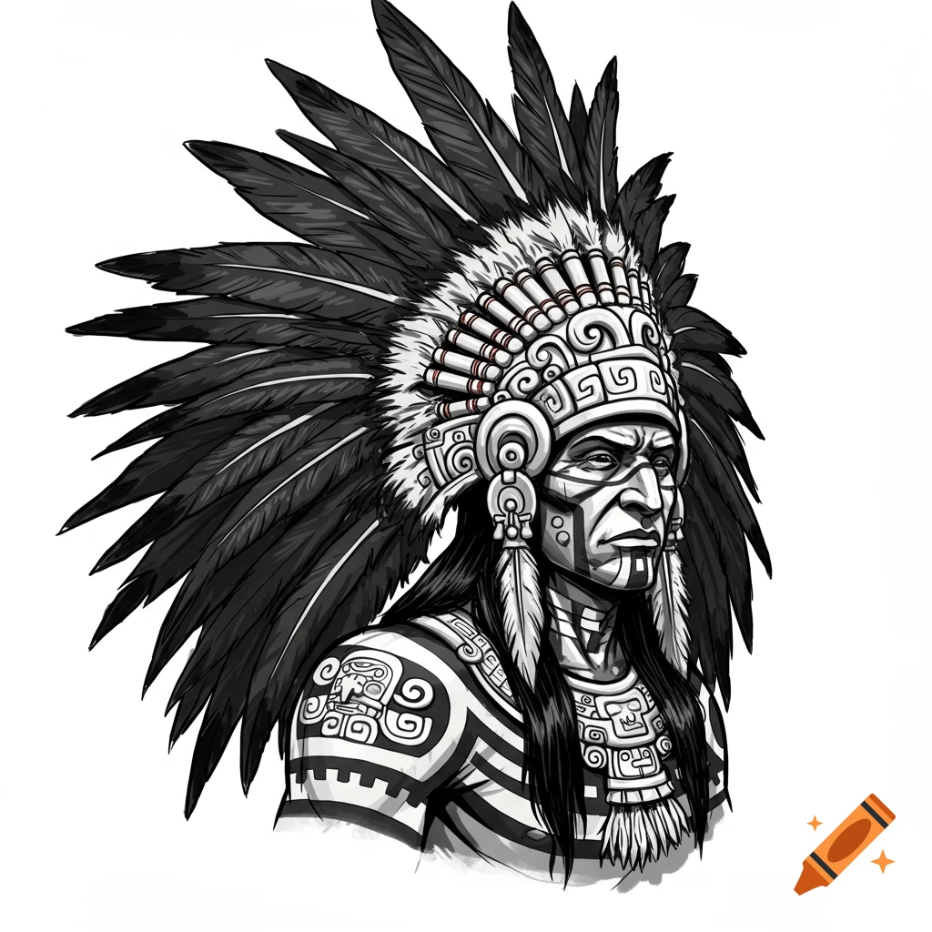 Black and white vector art portrait of an Aztec or Native American chief wearing a large feathered headdress and traditional body paint.