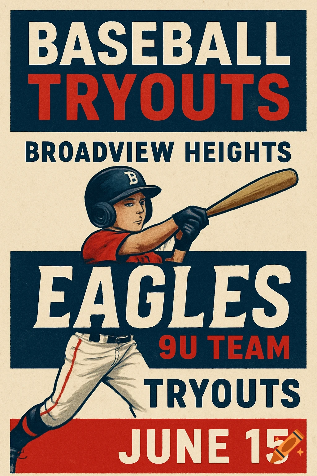 A vintage-style baseball flyer with a boy in batting stance, advertising "BASEBALL TRYOUTS BROADVIEW HEIGHTS EAGLES 9U TEAM TRYOUTS JUNE 15".
