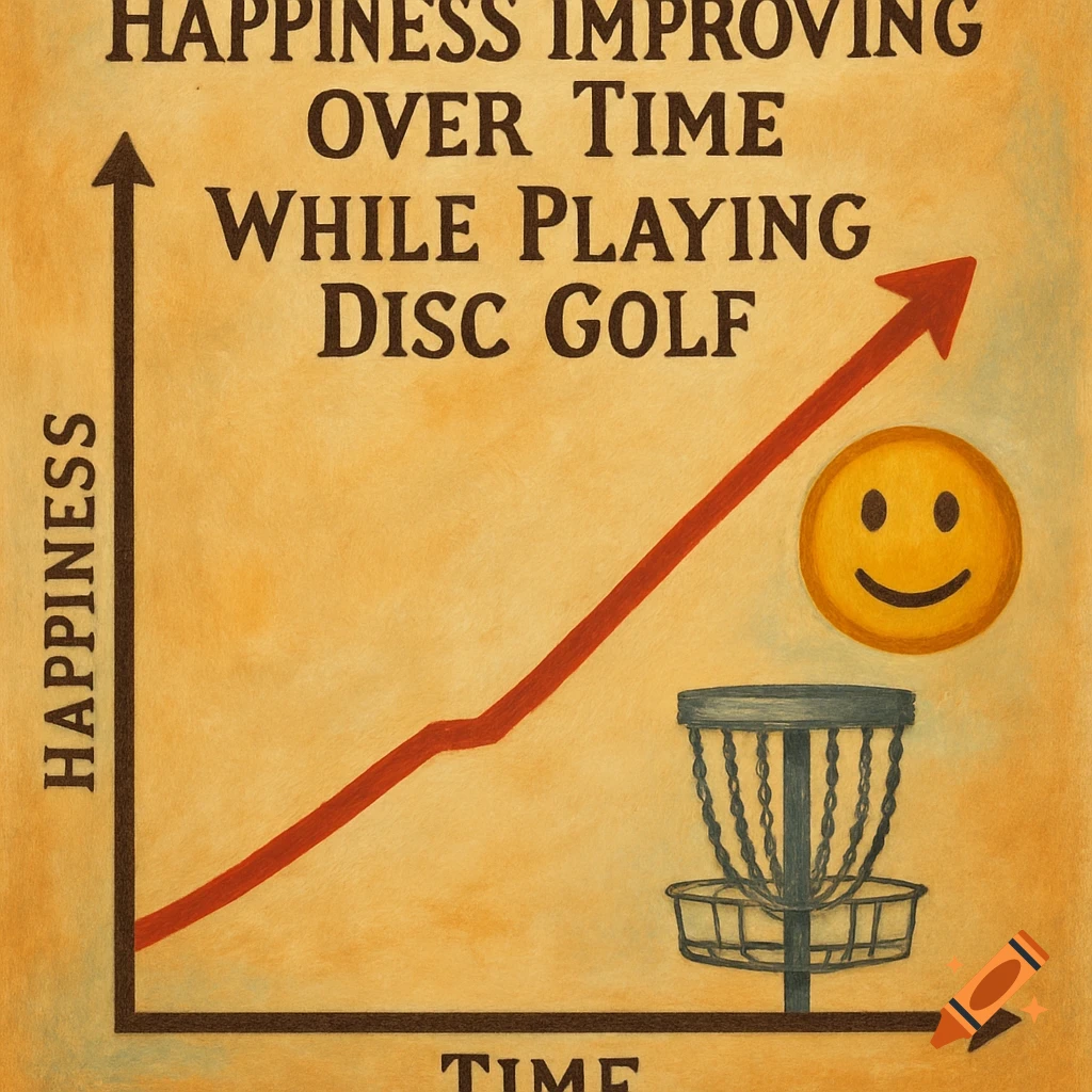 An illustration of a graph plotting happiness against time, showing an upward trend, with a disc golf basket and a smiley face.