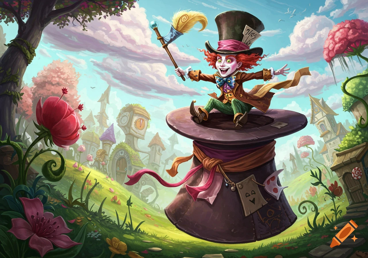A whimsical illustration of the Mad Hatter from Alice in Wonderland sitting on a giant top hat in a colorful fantasy landscape.