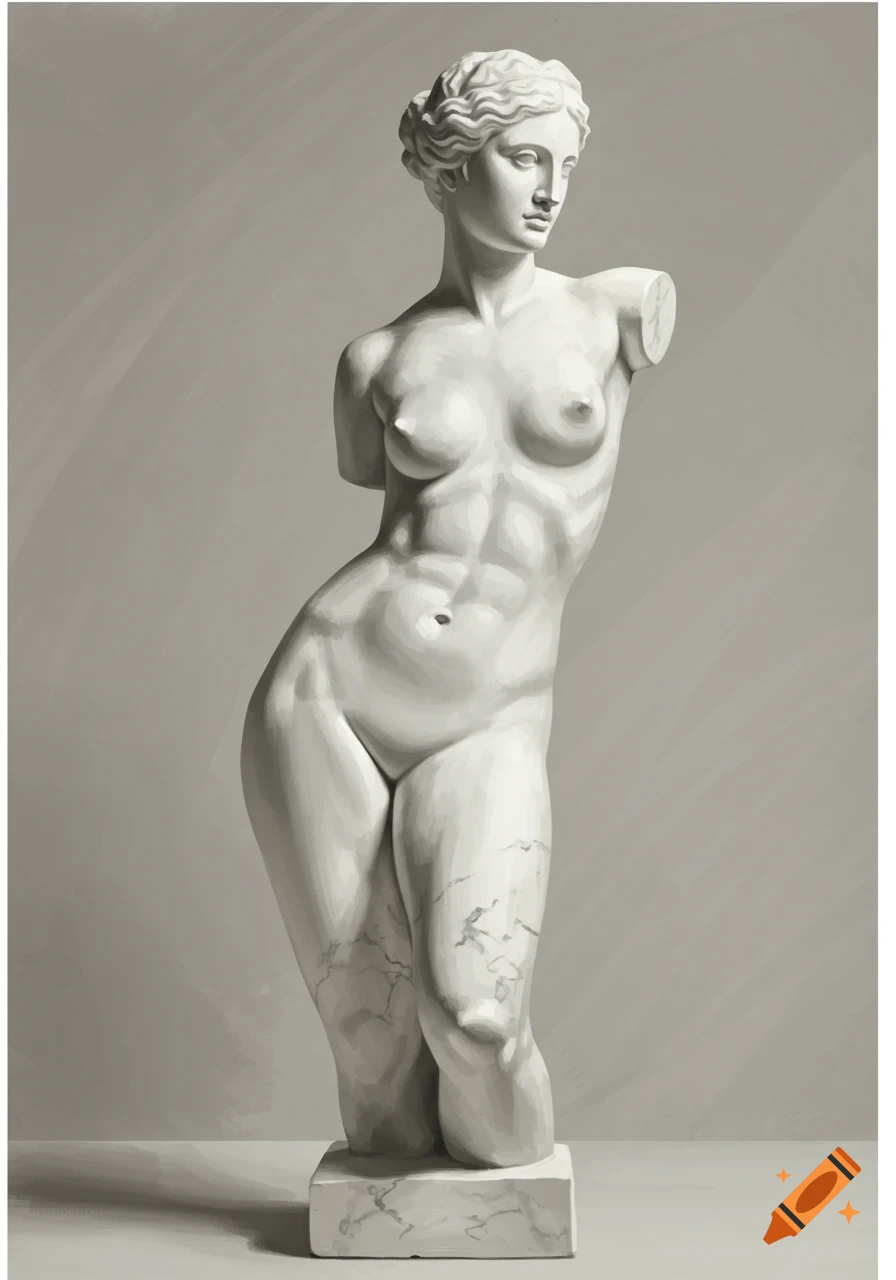 A white marble statue of a female torso, depicted in a classical style, against a gray background.