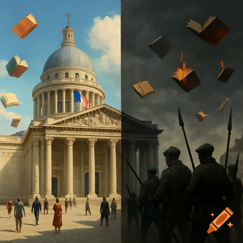 A split image of the French Pantheon; left side is sunny with floating books and people; right side is dark with resistance fighters and burning books.