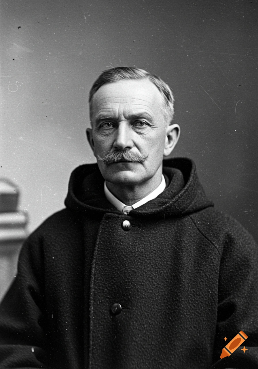 Black and white portrait of a middle-aged man with a mustache wearing a hooded coat.