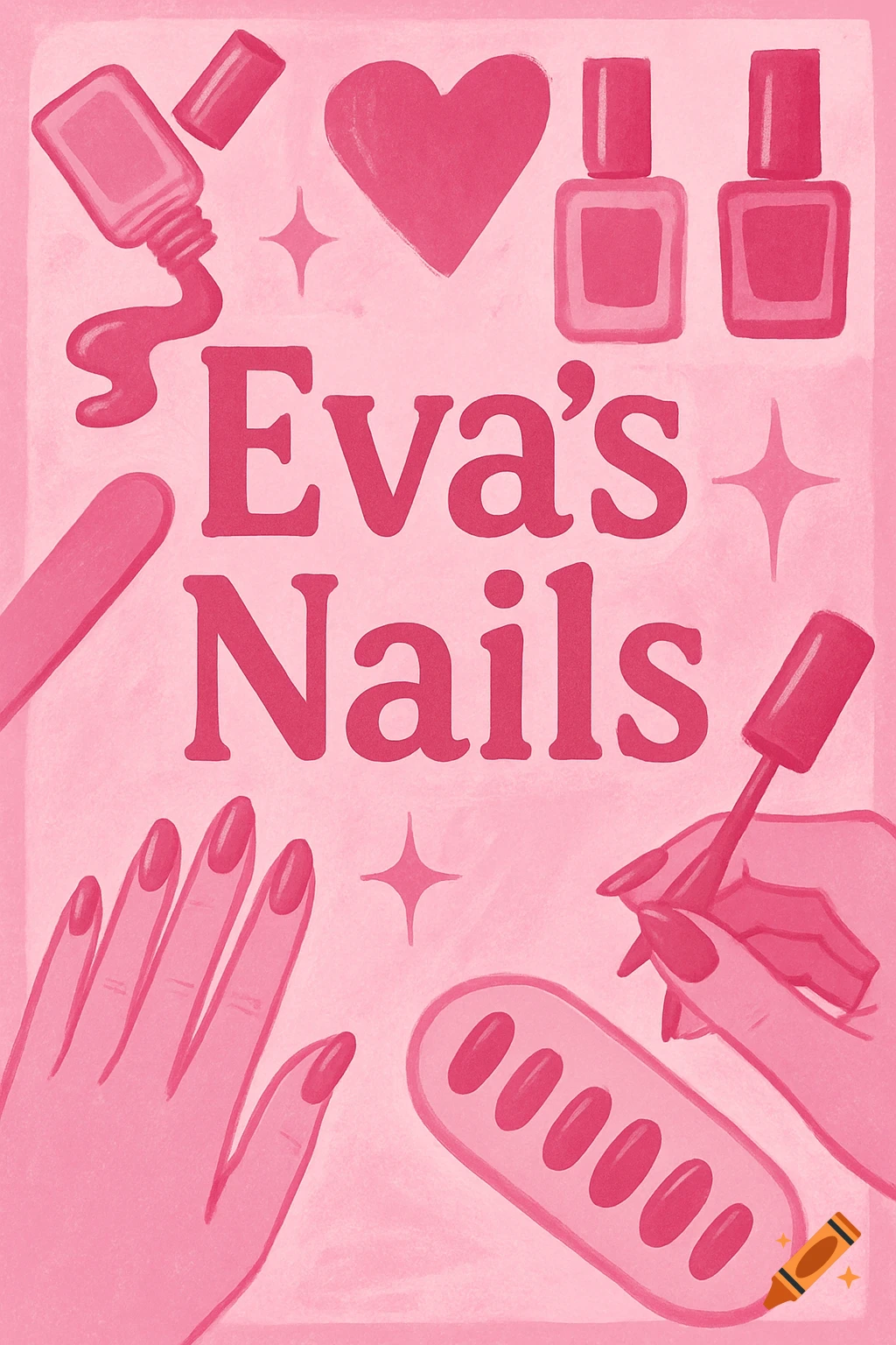A pink illustration featuring nail polish bottles, hands, a nail file, and the text "Eva's Nails."
