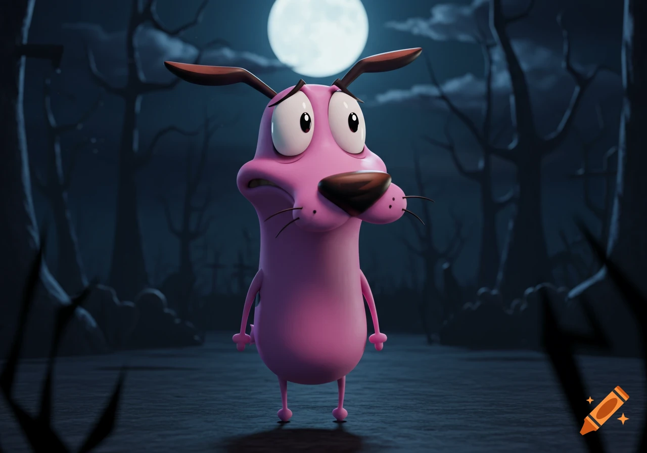 A 3D animated Courage the Cowardly Dog stands nervously in a dark, moonlit forest, looking scared.