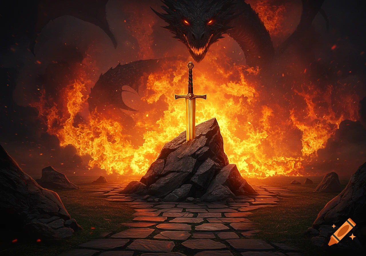 A golden sword plunged into a rock on a stone path, with a dark dragon behind it surrounded by a massive wall of fire.