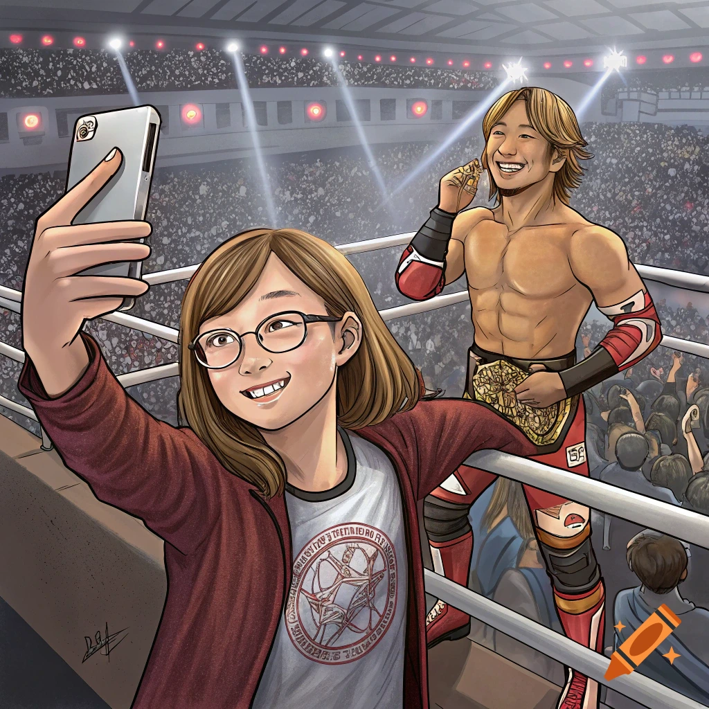 A girl with glasses smiles, taking a selfie with a smiling pro wrestler wearing a championship belt in a packed arena.