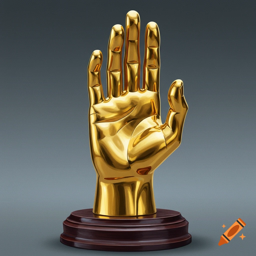 A shiny golden hand statue with extended fingers and tucked thumb, resting on a round wooden base.