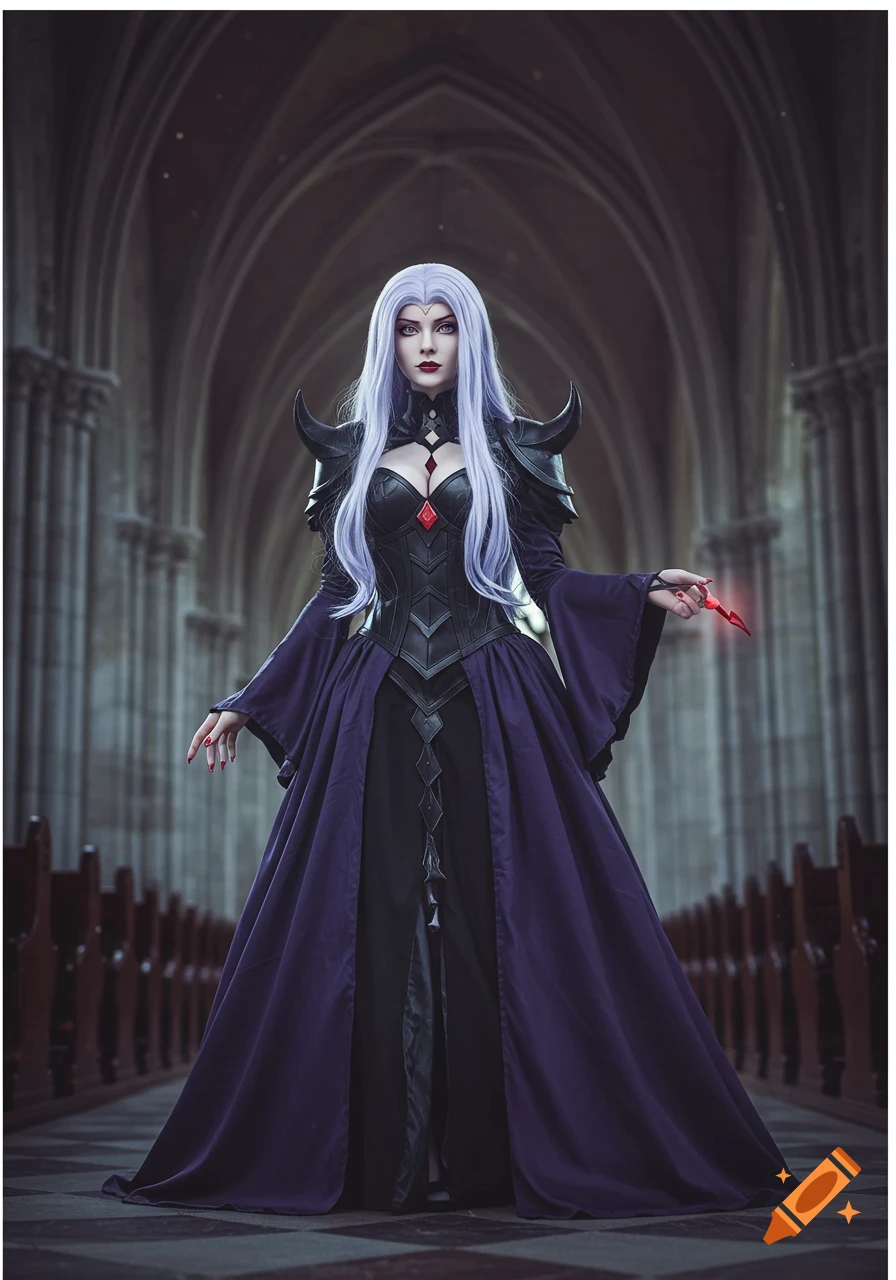 A photorealistic image of a woman with long lavender hair in a black armored corset and flowing dark purple gown, standing in a gothic cathedral.
