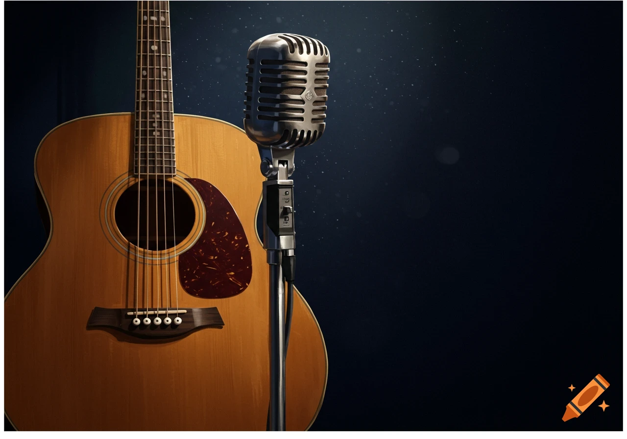 An acoustic guitar and a vintage silver microphone stand on a dark background with subtle light particles. Photorealistic.