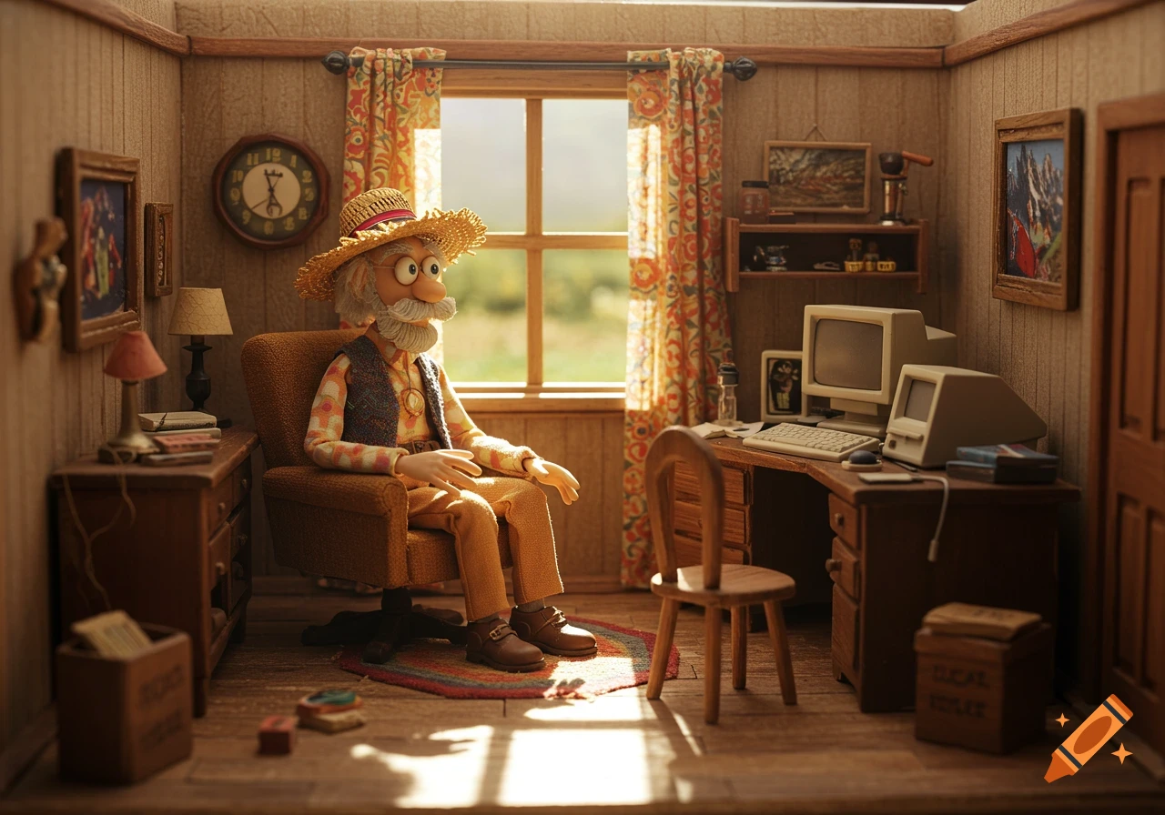 A stop motion miniature of an old man with a beard and straw hat sitting in a chair in a sunlit wooden room with an old computer on a desk.