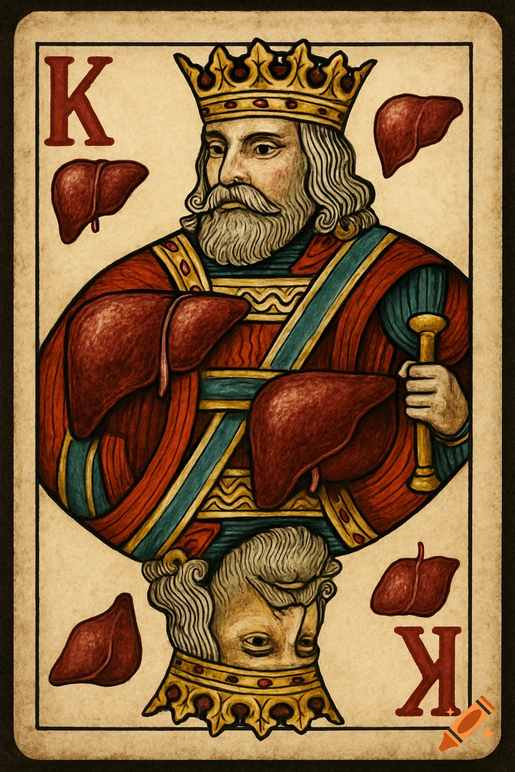 A vintage-style playing card, the King of Livers, featuring a bearded king holding a scepter surrounded by liver symbols.